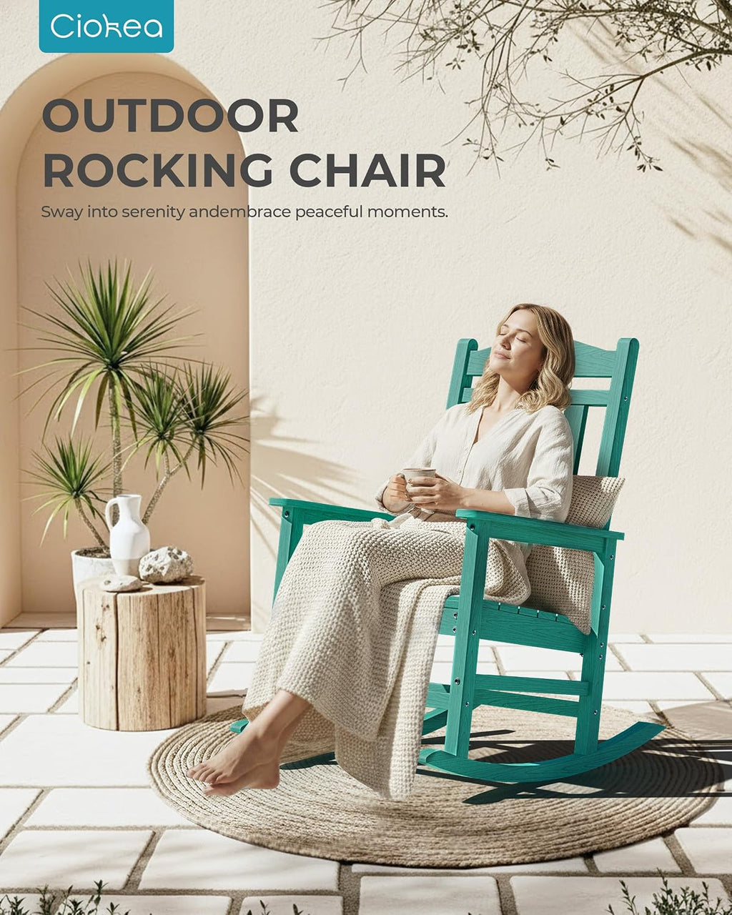 Ciokea Oversized Outdoor Rocking Chairs Set of 4, 380lbs Heavy-Duty Large Patio Rocker, High Back Cozy Porch Chairs, Weather Resistant Patio Rocking Chairs for Outside, Fire Pit, Deck, Aruba Blue