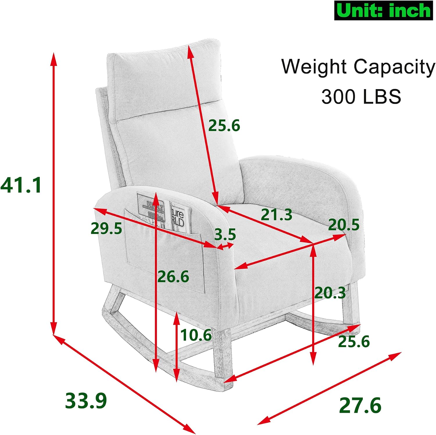 Nursery Rocking Chair with Solid Wood Legs, Glider Chair for Nursery with Two Side Pockets, Rocker Armchair for Living Room Bedroom (Grey, Teddy Fabric)