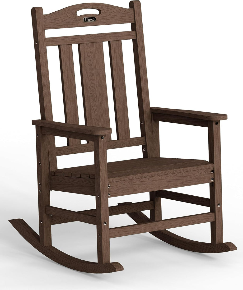 Ciokea Oversized Outdoor Rocking Chair, 380lbs Heavy-Duty Large Patio Rocker, Weather Resistant & Anti-Fade Porch Chair, High Back Cozy Rocking Chair for Outside, Fire Pit, Deck, Garden, Brown