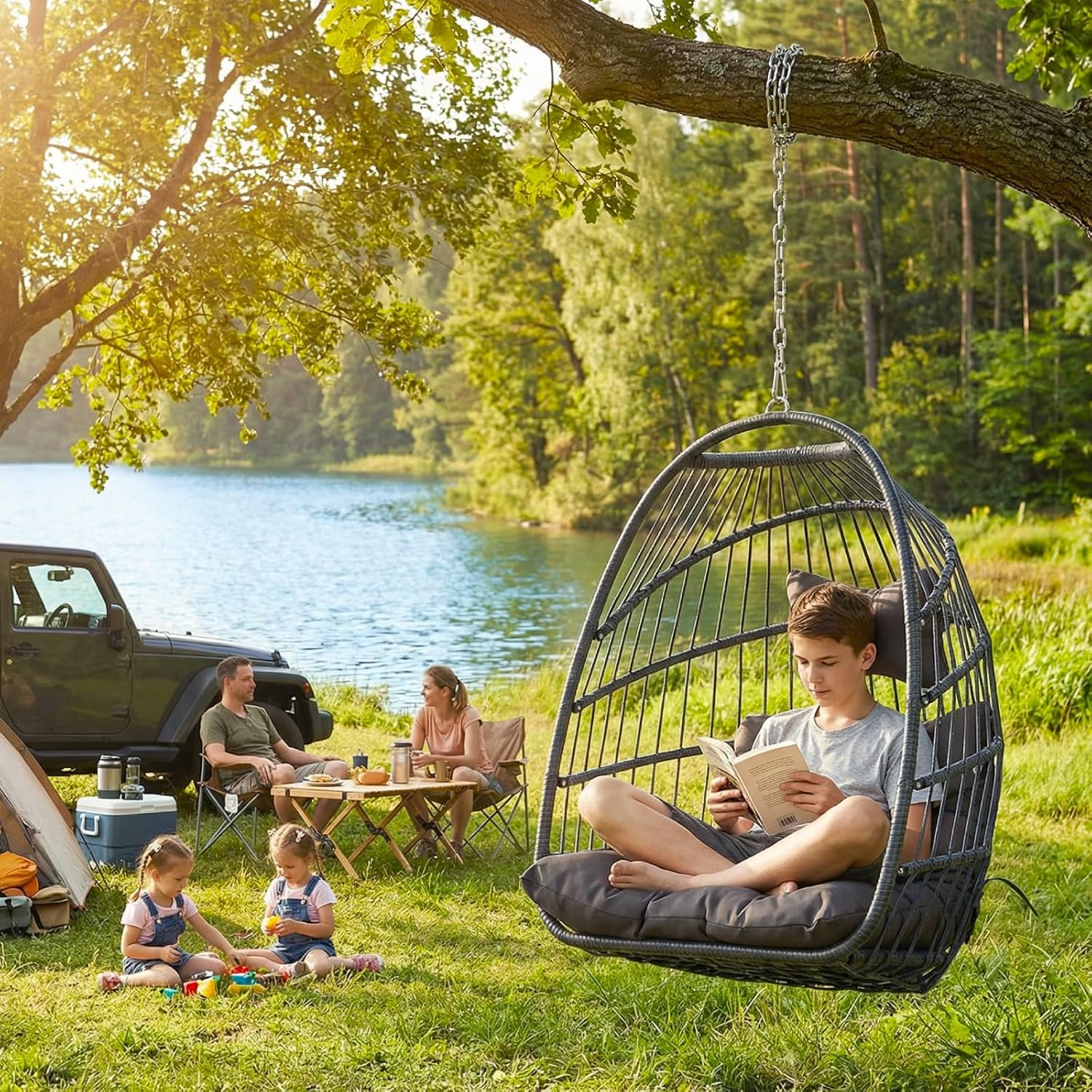 BULEXYARD Hanging Egg Chair Without Stand 350lbs Capacity, Grey Wicker Swing Egg Chair with Dark Grey Cushion for Indoor/Outdoor Patio Porch Balcony, Foldable Hammock & Tree/Ceiling/Beam Mount