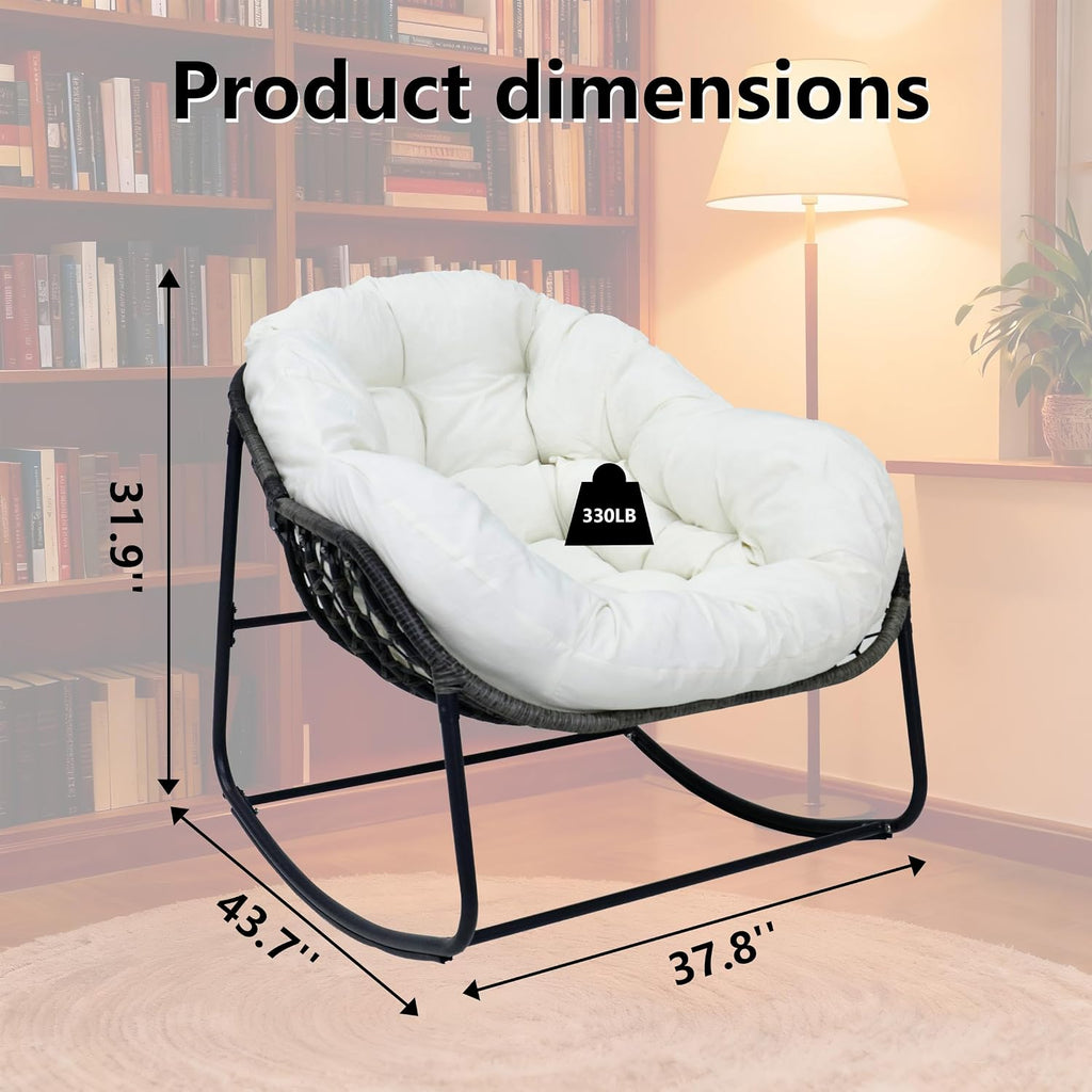 Deluxe Patio Rocking Chair with Padded Cushion, Oversized Rattan Egg Rocking Chair, Indoor & Outdoor, Rocker Recliner Chair for Front Porch, Garden, Patio, Backyard (61611842-1)
