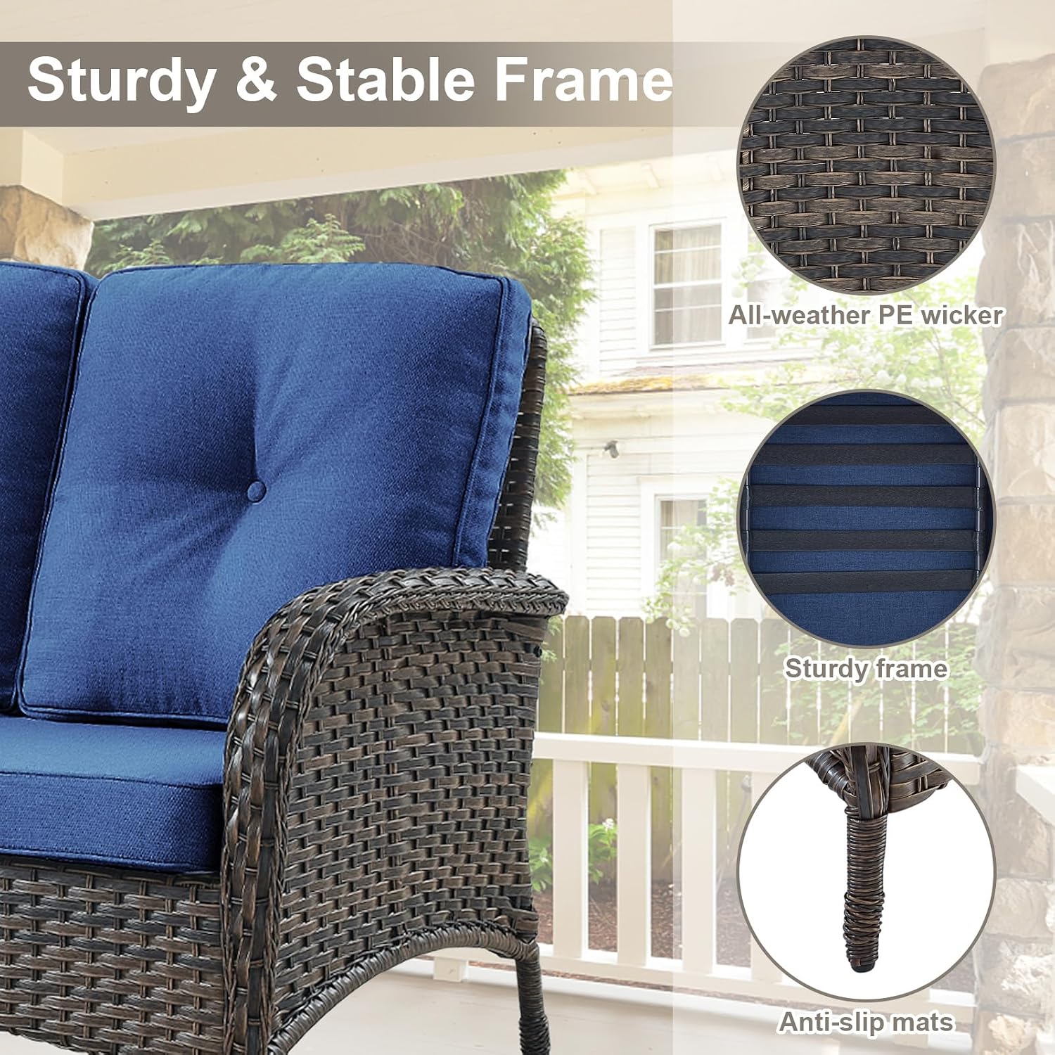 Belord Patio Wicker Furniture with Rocking Chairs Loveseat, 5 Piece Rattan Furniture Outdoor Table and Rocking Chairs Set for Patio Deck Porch Backyard Brwon/Blue