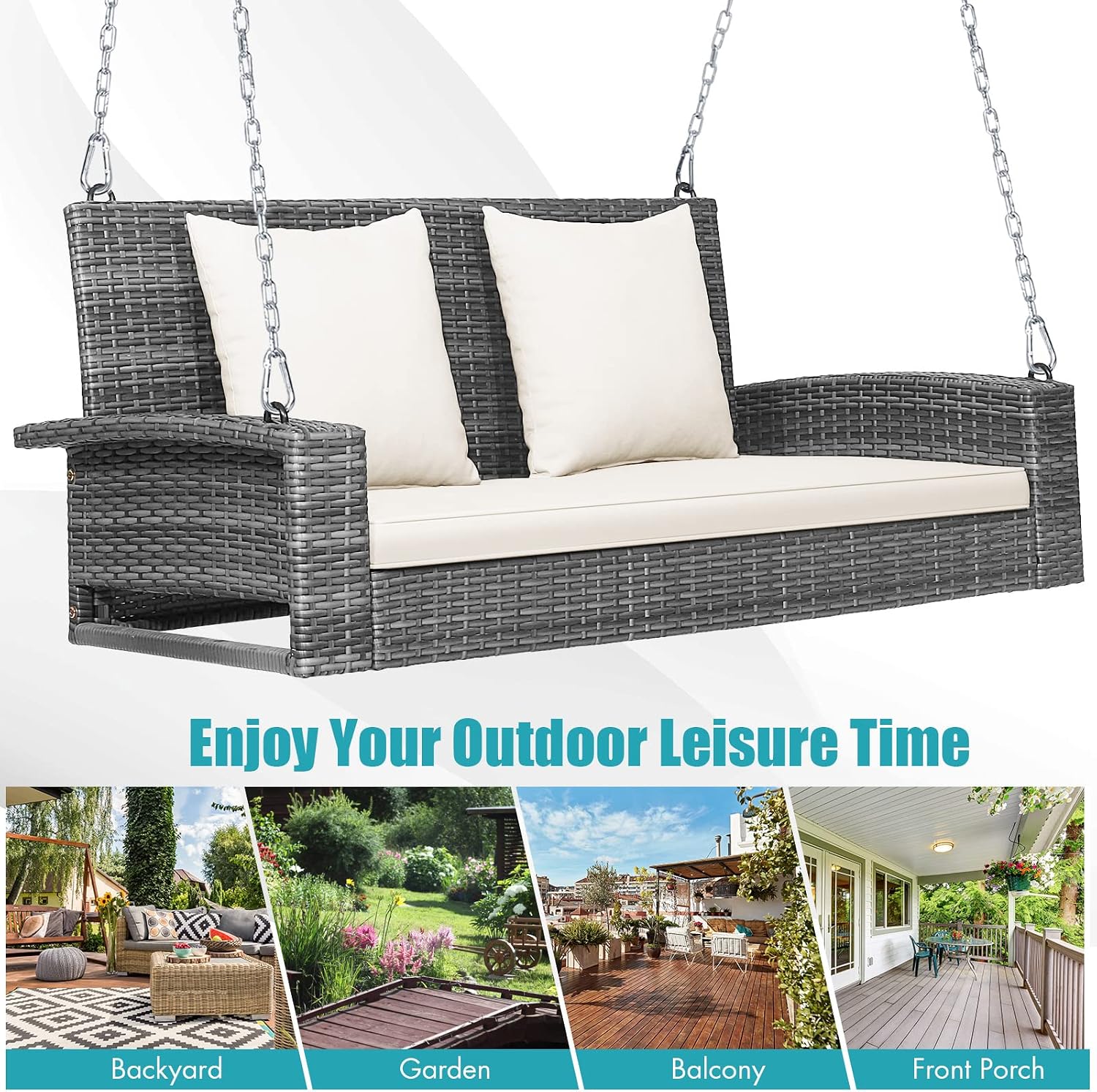 RELAX4LIFE 2-Person Porch Swing Bench - PE Rattan Outdoor Swing Chair with Comfortable Seat & Back Cushions, Rustproof Metal Chains, Patio Loveseat Swing for Balcony, Garden, Yard, 800 LBS (Off White)