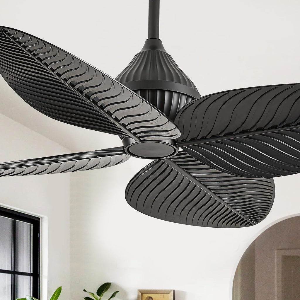 52' Black Tropical Ceiling Fans, Flush Mount Palm Leaf Ceiling Fan no Light, Indoor Ceiling Fans Without Light for Living Room Bedroom Kitchen Covered Gazebo, APP and Remote Control