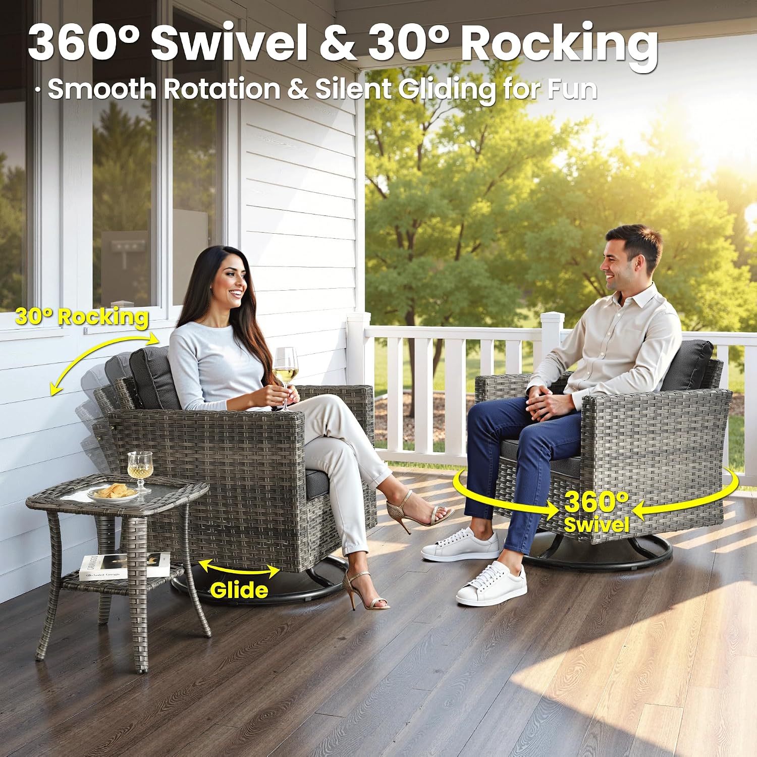 ovios 7-Pieces Patio Furniture Set, Outdoor Wicker Sofa Couch with Swivel Glider Chairs Glass Table Comfy Cushions Modern Conversation Set for Backyard Porch, Black