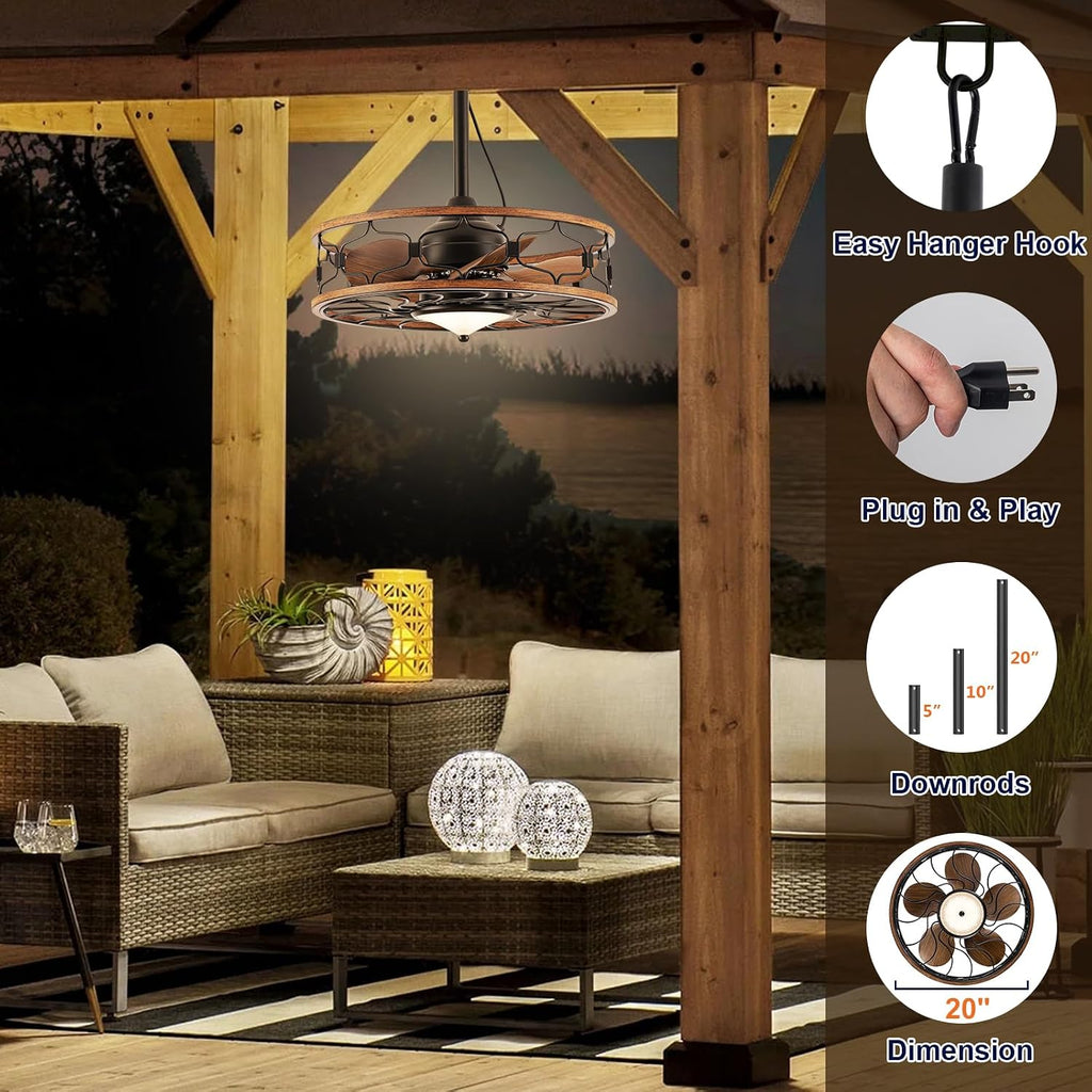 Outdoor Ceiling Fans For Patios Waterproof, Plug In Gazebo Fan Outdoor Hanging With Hook, 3 Color Light Remote Control, Strong 6 Speed, 20 inch Small Wet Rated For Outside Porch, Pergola, Garage