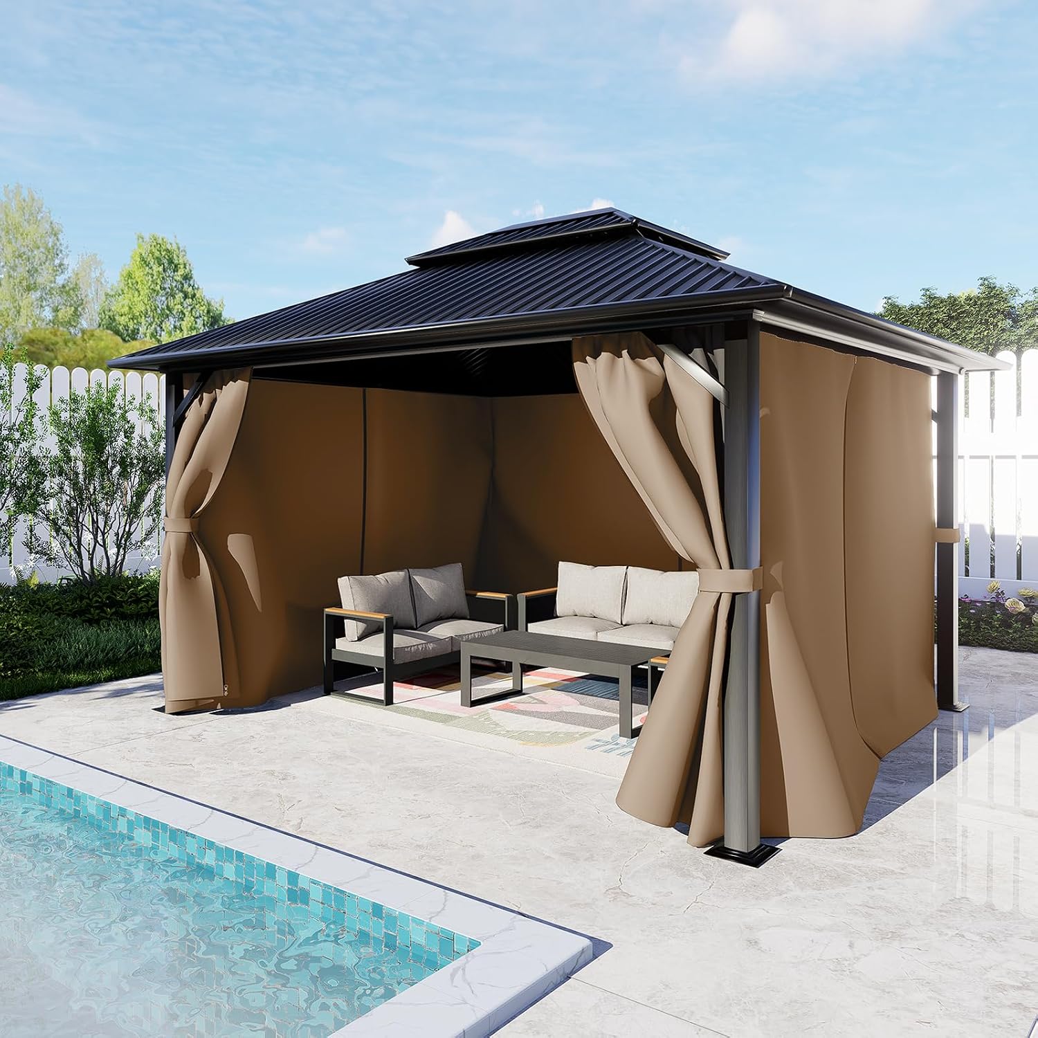 BPS 12' x 16' Gazebo Privacy Curtains with Double Zipper, 4-Panels Side Wall Universal Gazebo Side Panels Replacement for Patio, Outdoor Canopy, Garden and Backyard (Curtain Only)