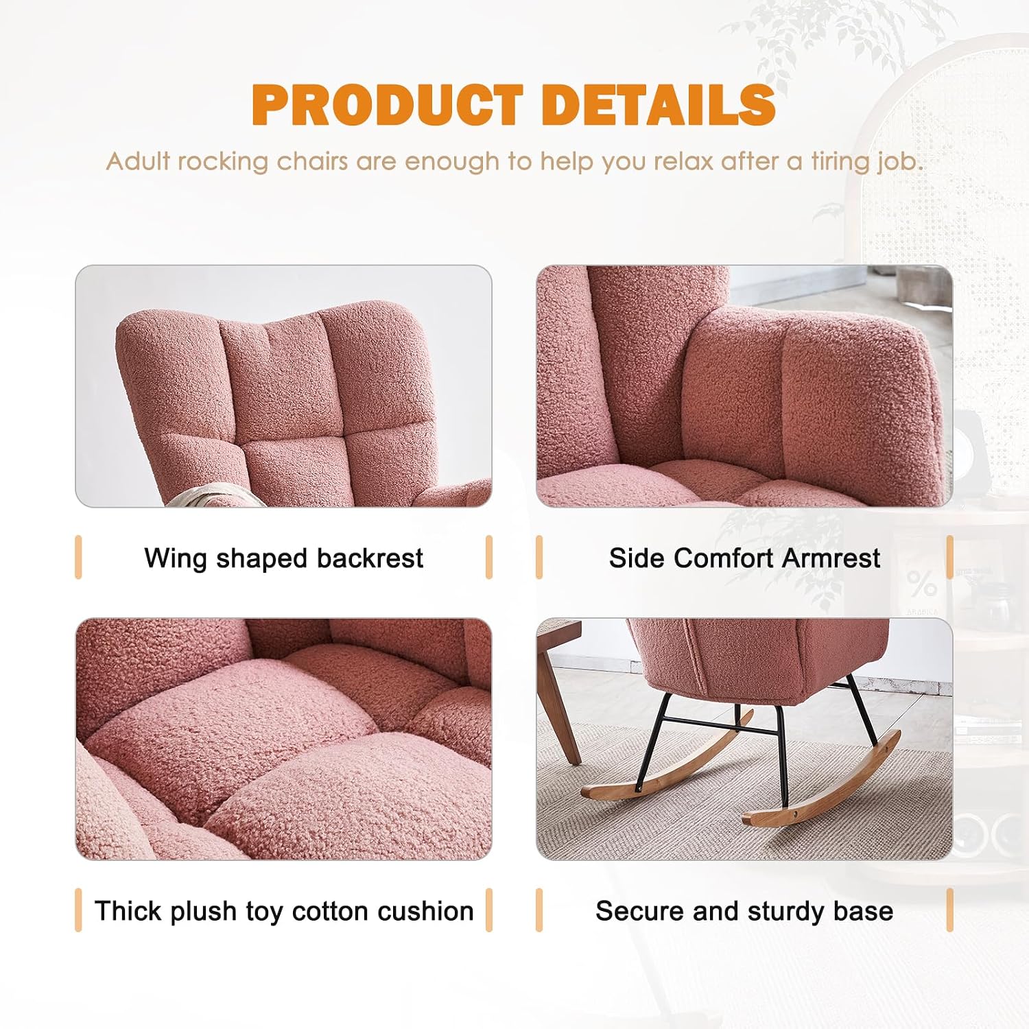 Rocking Chair Nursery, High Backrest Teddy Glider Rocker Upholstered Rocker Recliner Modern Rocking Accent Chairs for Bedroom, Living Room, Offices (Pink)