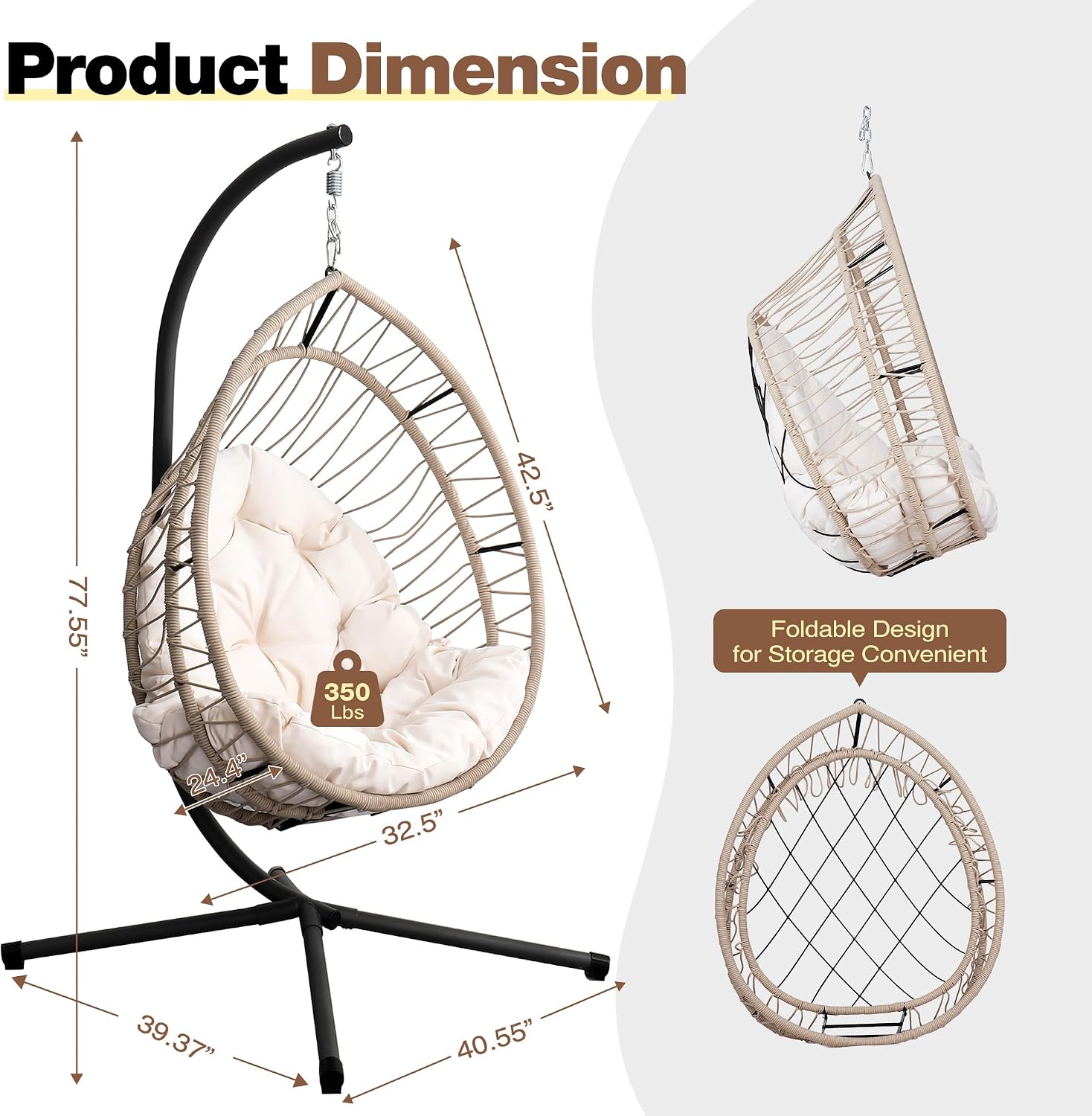 Hanging Egg Chair with Stand, Foldable Patio Hammock Egg Swing Chair Made by All-Weather Core-Spun Polyester Rope with Soft Cushion for Bedroom Garden Indoor Outdoor, 350Lbs Cap. (Beige)