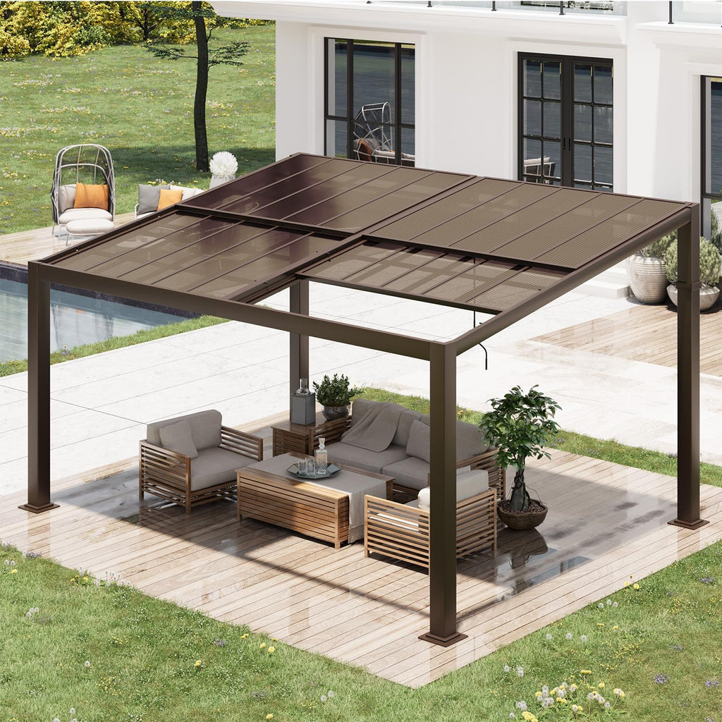 Gazebo 12x16 with Adjustable Polycarbonate Roofs, All Aluminum Frame Permanent Pergola for Patio, Outdoor Freestanding Shelter, Dark Brown