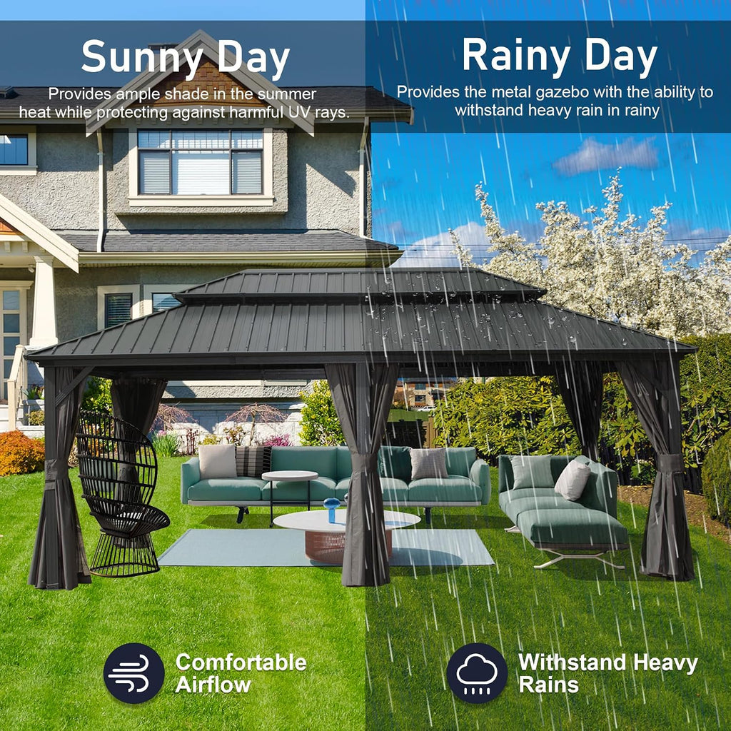 Hardtop Gazebo 12x18FT, Aluminum Outdoor Gazebo with Galvanized Steel Double Roof Canopy, Curtains and Nettings, Metal Gazebo Permanent Pavilion for Patio Wedding, Party, Outdoor Dining, Gray