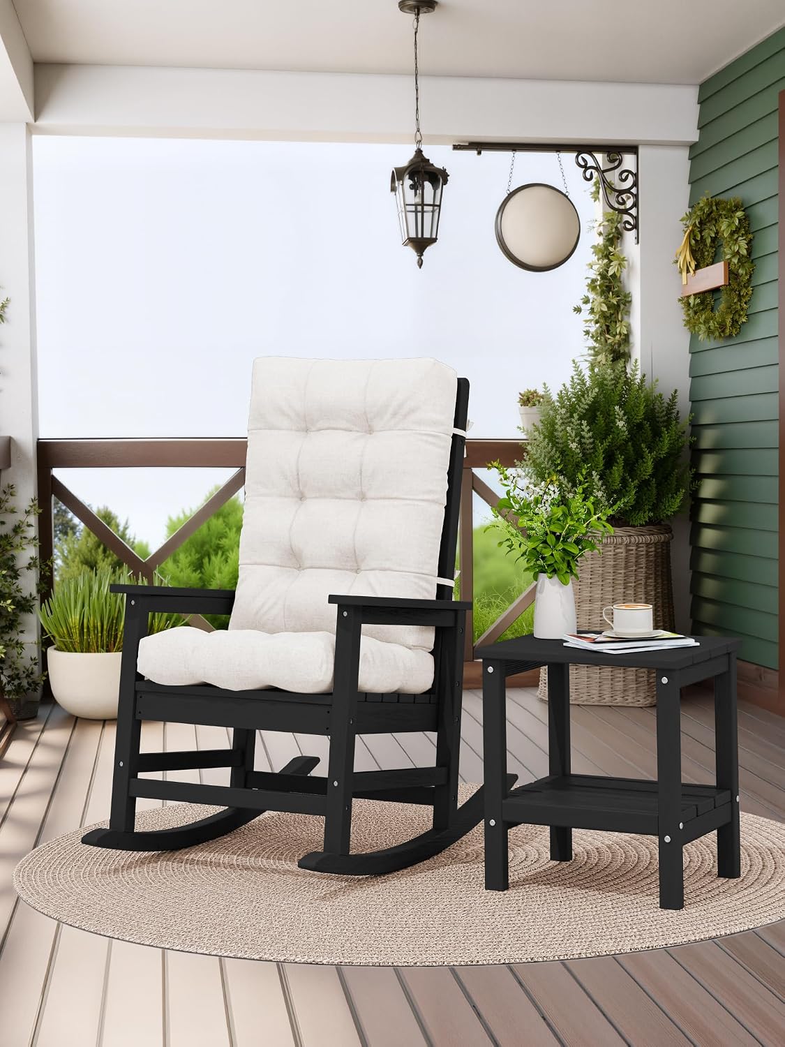 KINGYES Oversized Outdoor Rocking Chair with Cushion, All-Weather Patio Rocking Chairs, HDPE Porch Rocker for Adults, 350 lbs Capacity, Black Chair with Beige Cushion