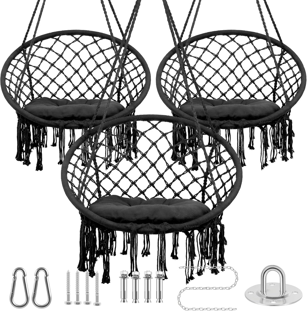 Hanging Swinging Chair, Macrame Hammock Hanging Swinging Chairs with Soft Cushions and Hardware Accessories, Hanging Chair for Indoor and Outdoor Use, 3 Installation Methods, Beige (3, Black)