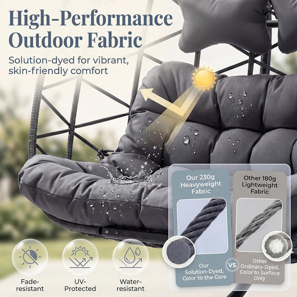 RADIATA Double Egg Swing Chair with Stand and Cover, Extra Large Egg Chairs Swing Outdoor, 2 Person Comfy Wicker Loveseat with Padded Cushion for Indoor Backyard Balcony Porch, Dark Gray