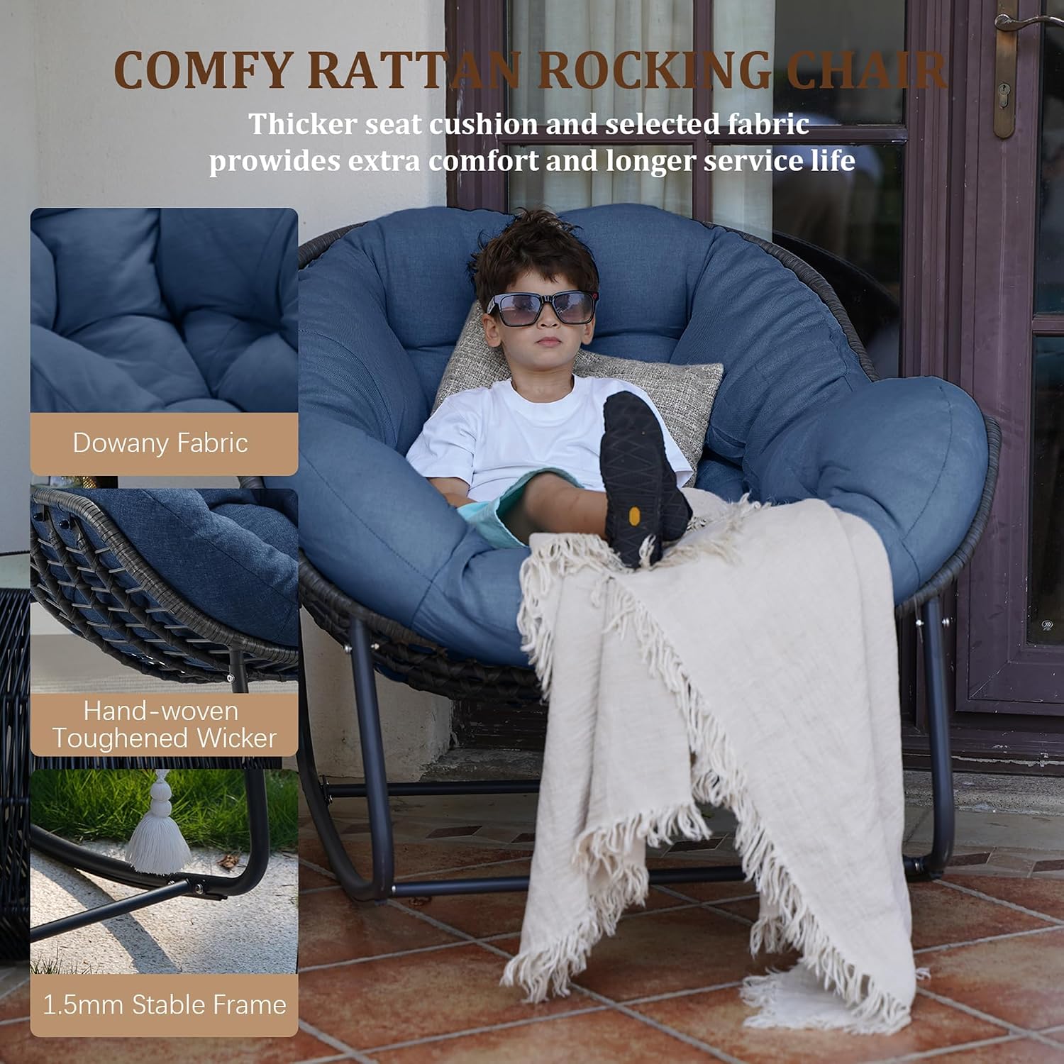Papasan Rocking Chair, Oversized Rocking Papasan Chair Rattan Papasan Chair w Cushion, Wicker Egg Chair Rocker Outdoor Front Porch Chair, Big Comfy Rocking Chair for Outdoor(Navy Blue)