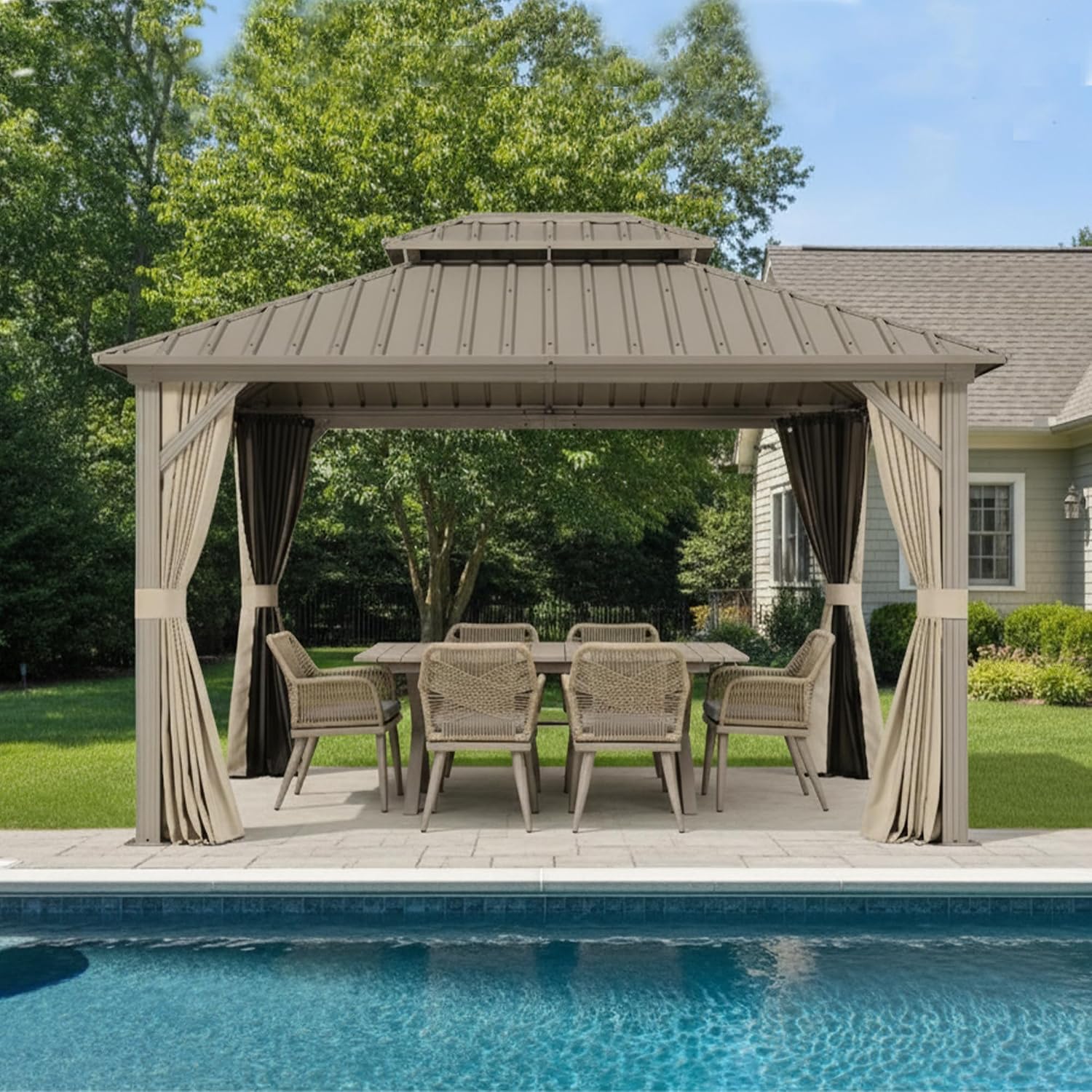 PURPLE LEAF 10' x 12' Outdoor Hardtop Gazebo with 7 Pieces Outdoor Dining Set, Champagne Aluminum Gazebo with Galvanized Steel Double Roof, Curtains and Netting for Patio Lawn and Garden