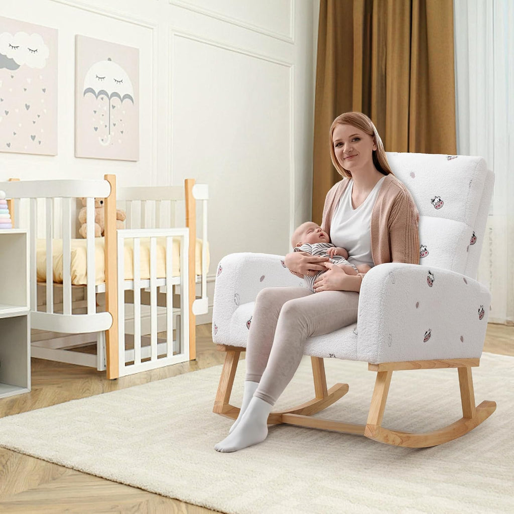 HCHAIRH Rocking Chair Nursery, Sherpa Nursing Rocking Chairs, Upholstered Nursery Glider Rocker for Mom Nursery Morden Rocking Chair with Side Pocket for Living Room,Bedroom,Teddy White Cow Printed