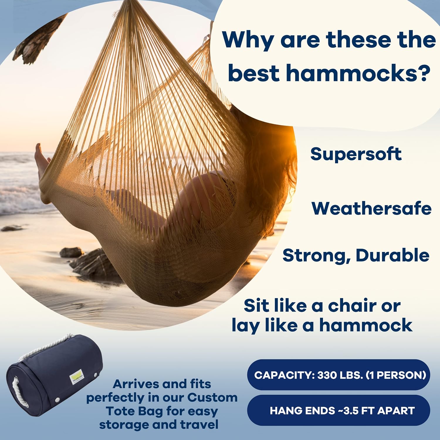 Handwoven Hanging Chair by Yellow Leaf Hammocks - Fits 1 Person, 330lb Max - Kick Back for Full-Body Recline - Weathersafe, Ultra Soft, Hang Anywhere - Color: Natural Khaki