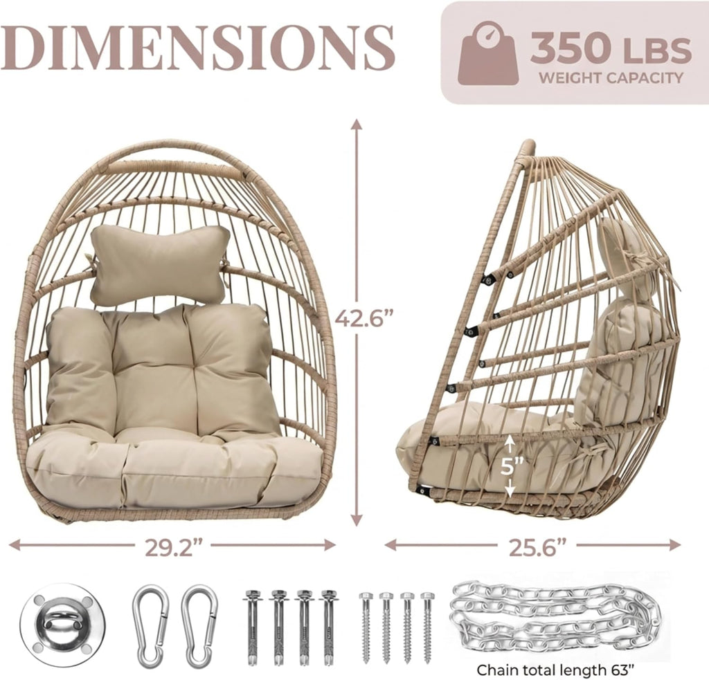 BULEXYARD Wicker Egg Chair Without Stand, 350 Lbs Foldable Rattan Swing with Cozy Padded Cushion, All-Season Hanging Hammock Basket for Outdoor Patio Balcony Bedroom Garden Tree Ceiling, Beige