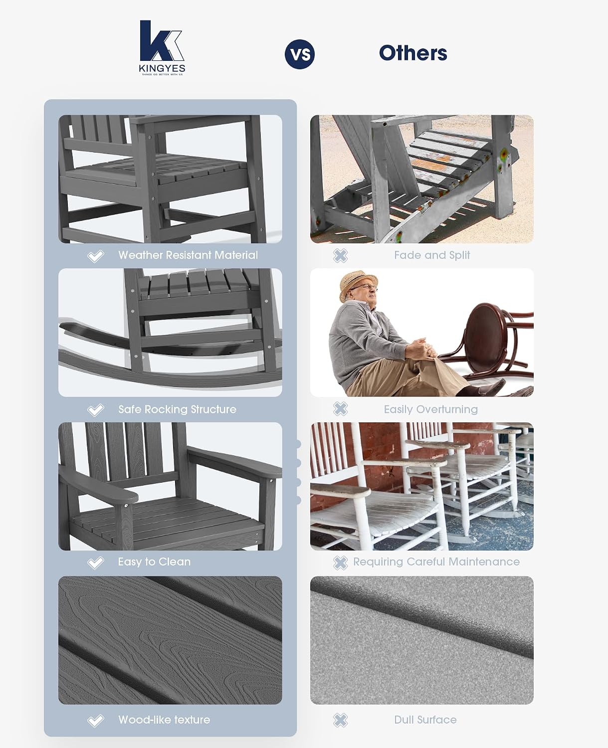 KINGYES Oversized Outdoor Rocking Chair with Cushion, All-Weather Patio Rocking Chairs, HDPE Porch Rocker for Adults, 350 lbs Capacity, Grey Chair with Beige Cushion