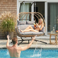 Double Egg Swing Chair Outdoor, 2 Person Egg Chair Outdoor with Cushions, Imitation Rattan Hanging Egg Chairs Basket, Hanging Chairs with Stand, Metal Nest Swing Egg Chair for Balcony, Grey