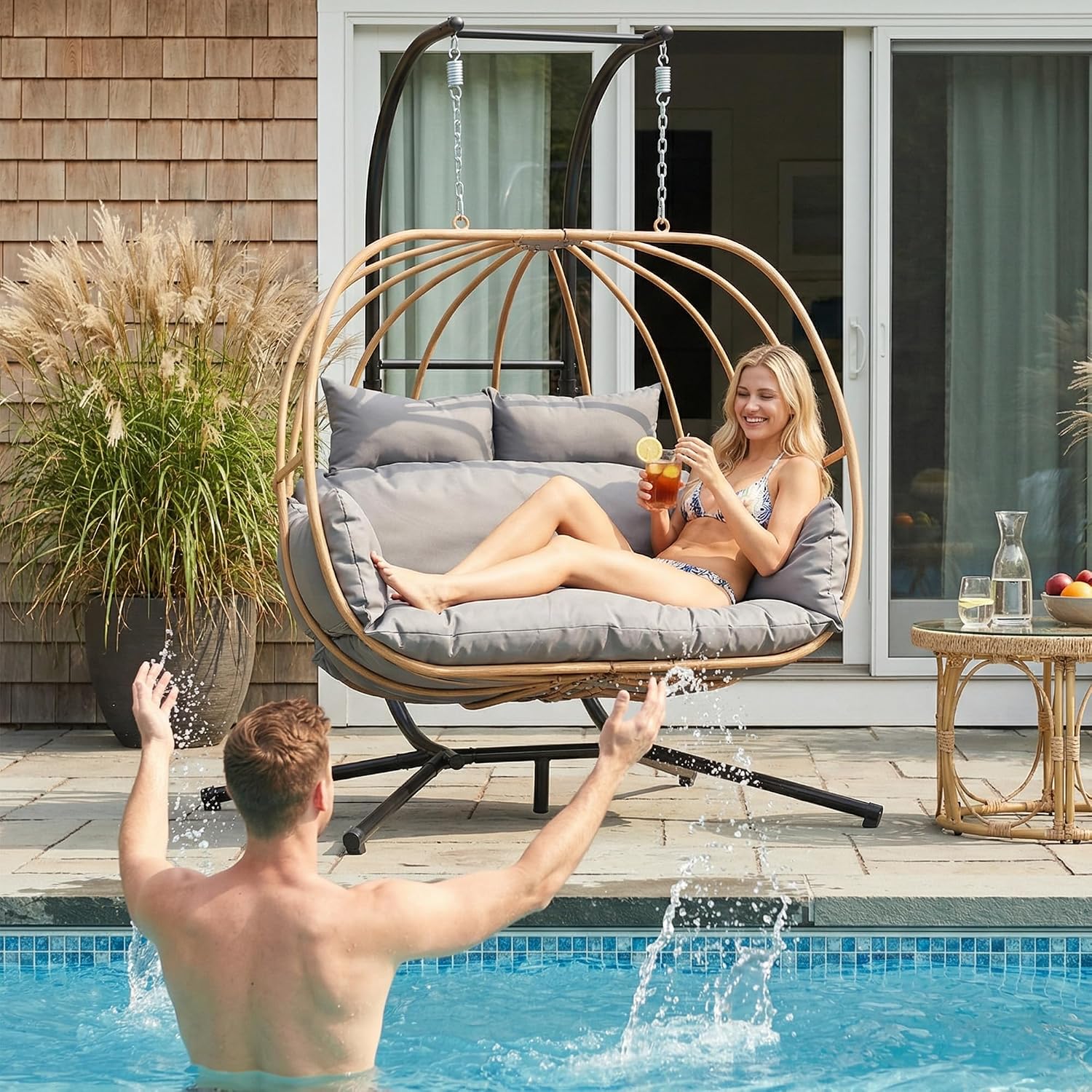 Double Egg Swing Chair Outdoor, 2 Person Egg Chair Outdoor with Cushions, Imitation Rattan Hanging Egg Chairs Basket, Hanging Chairs with Stand, Metal Nest Swing Egg Chair for Balcony, Grey