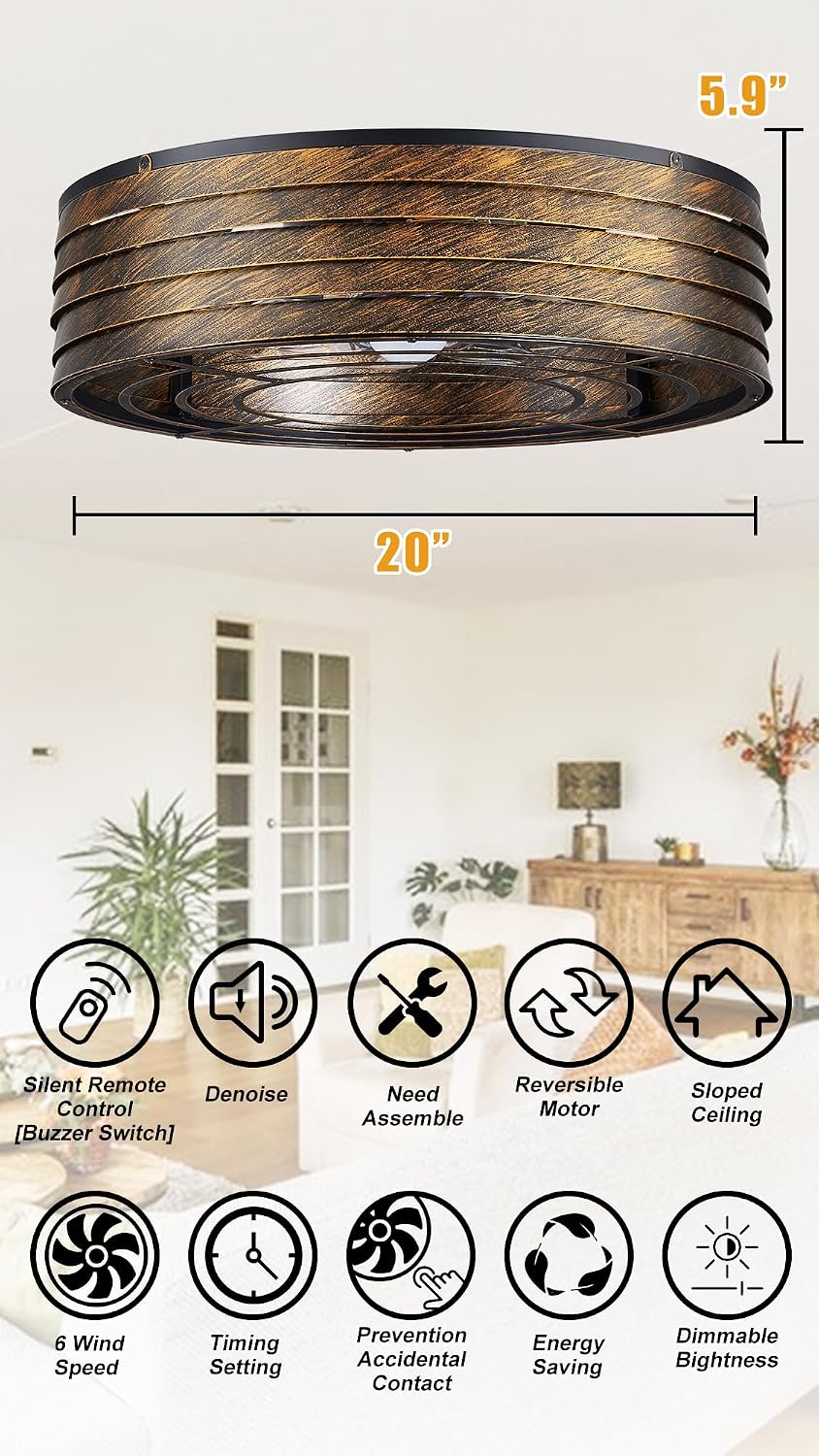 20'' Flush-Mount Ceiling Fan with Light and Remote, Reversible Motor, Perfect for Bedroom, Living Room, Kitchen, Outdoor Gazebo, Patio, Low-Profile Design Cage (Bronze)