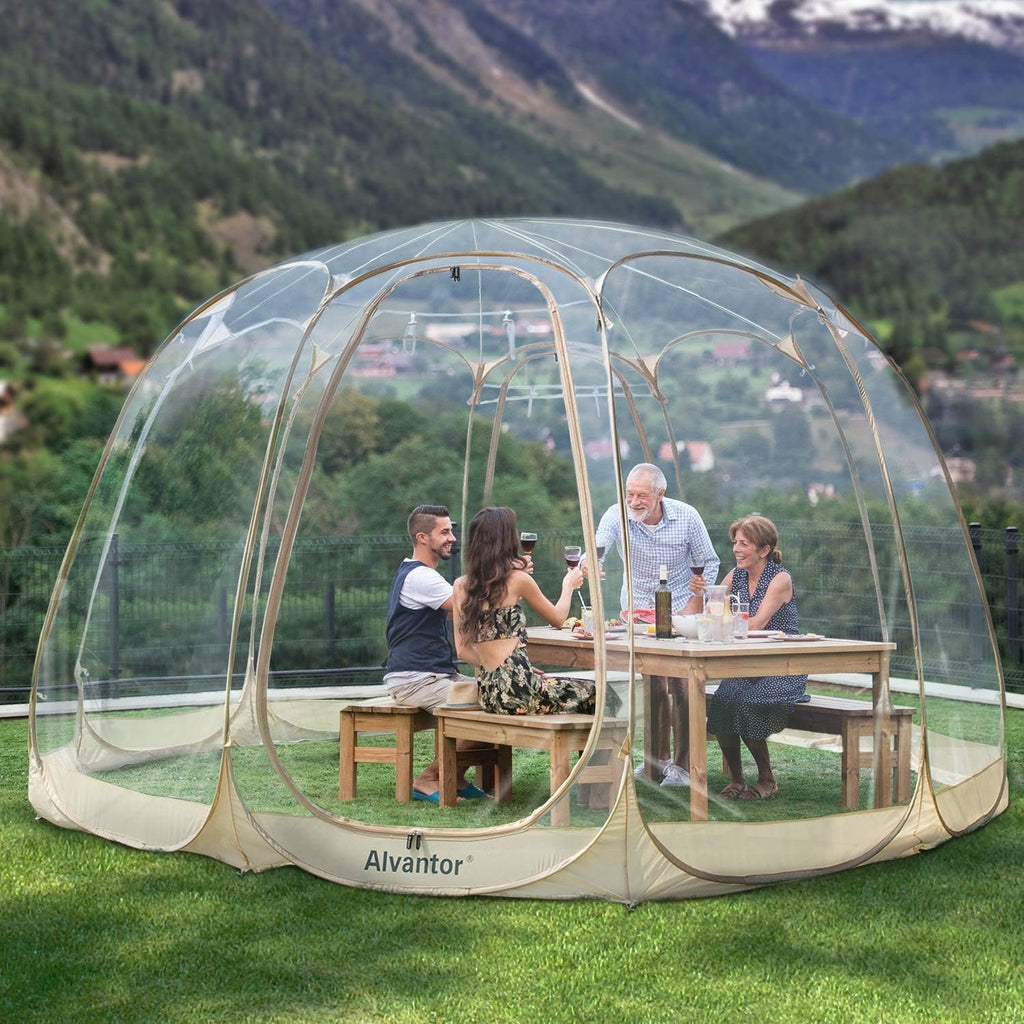 Alvantor® Pop Up Bubble Tent® - 15' x 15' Instant Igloo Tent® - 12-15 Person Screen House for Patios - Large Oversize Weather Proof Pod - Cold Protection Camping - Beige