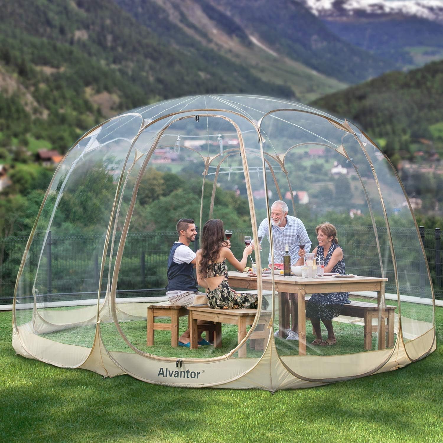 Alvantor® Pop Up Bubble Tent® - 15' x 15' Instant Igloo Tent® - 12-15 Person Screen House for Patios - Large Oversize Weather Proof Pod - Cold Protection Camping - Beige