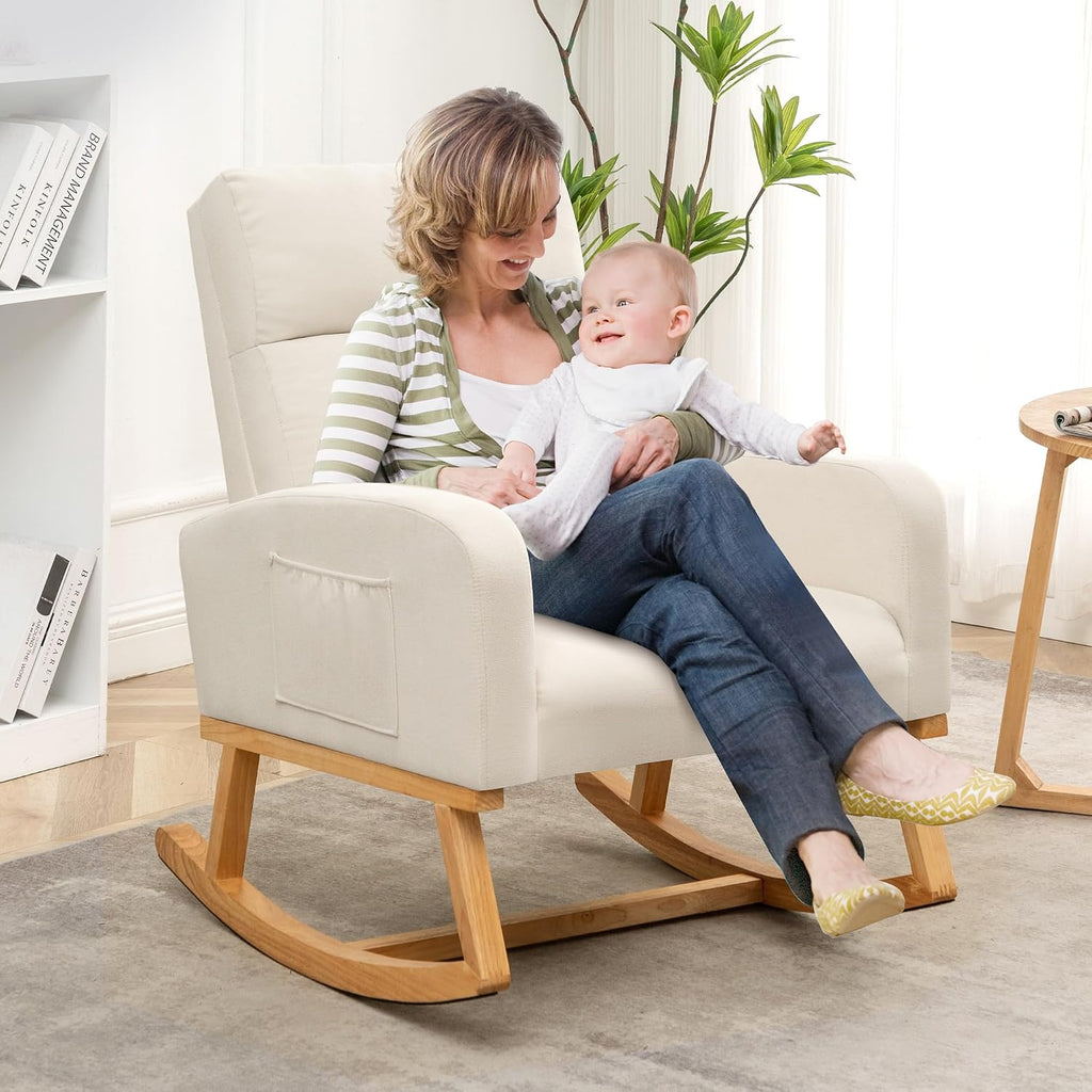 HCHAIRH Rocking Chair Nursery, Upholstered Nursing Rocker Chairs with High Backrest, Modern Glider Rocking Chair for Nursery Living Room, Bedroom, Cream