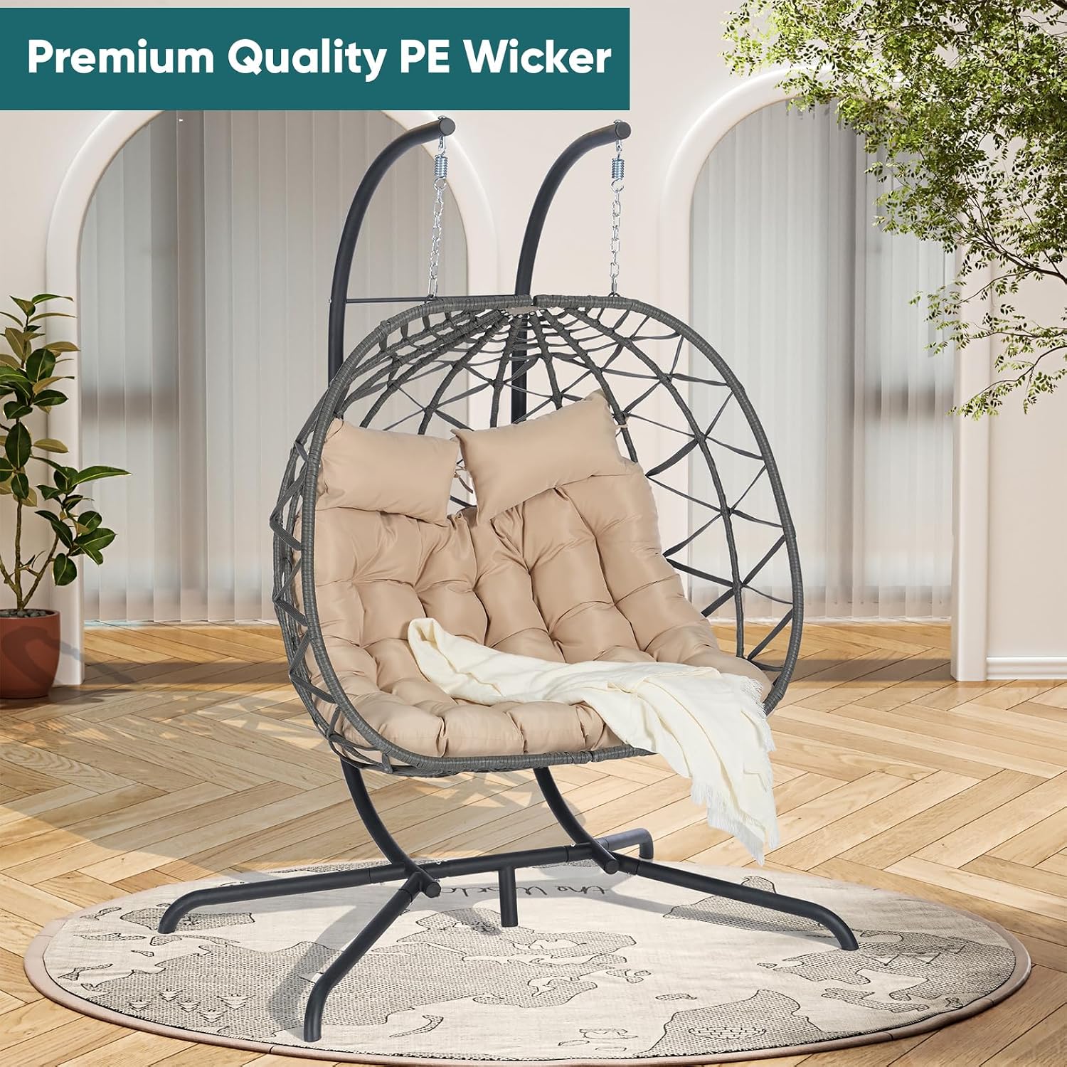 JOYBASE Double Swing Egg Chair with Stand, 2-Person Hanging Egg Chair Wicker Rattan Oversized Swinging Chair for Outdoor Indoor Garden Patio (Khaki Cushion and Grey Rattan)