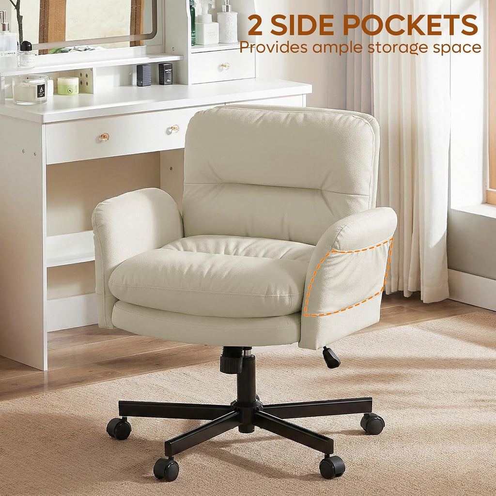 Bestier Criss Cross Office Chair with Flip-Up Armrests, Swivel Makeup Vanity Chair with Wheels & Side Pockets, Cross Legged Office Chair for Home Office, Bedroom, Beige PU Leather