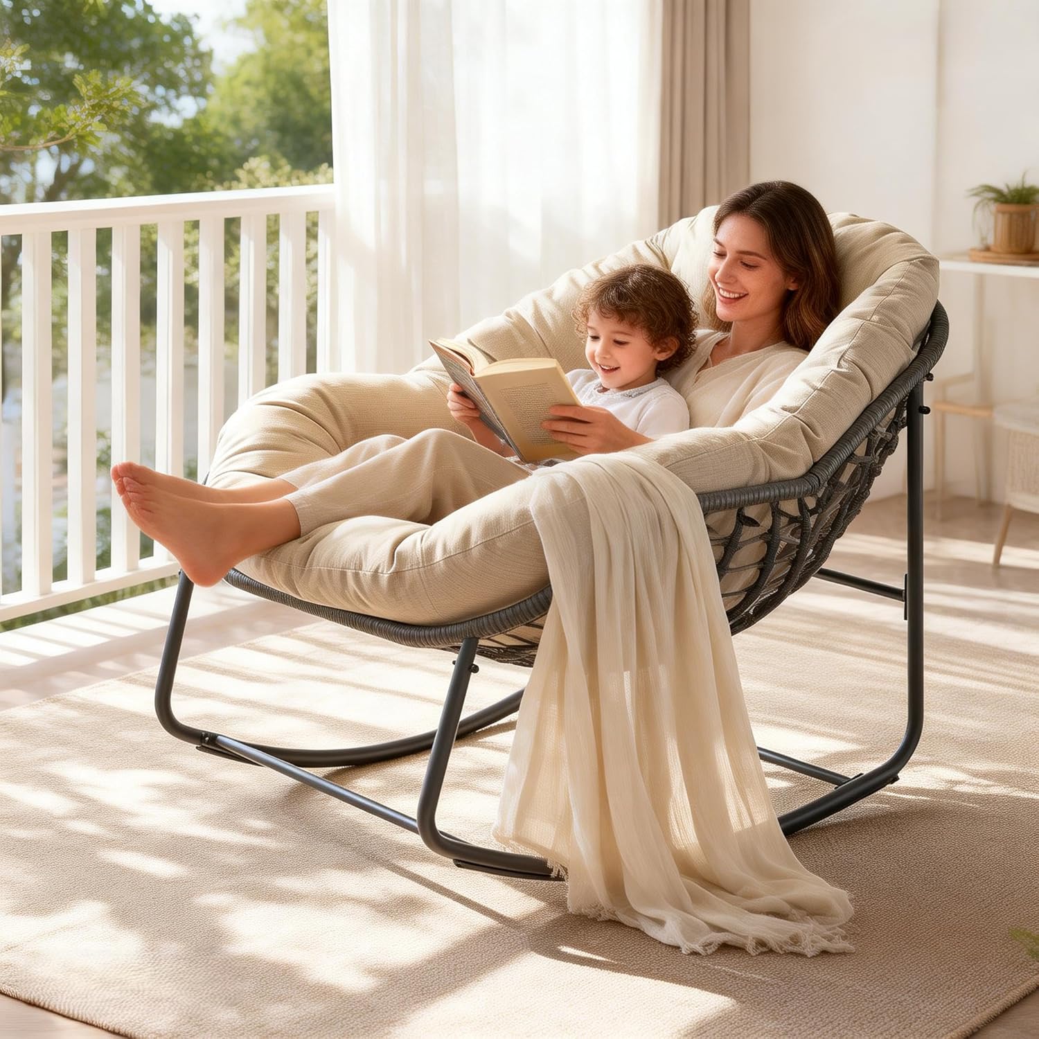 YDcosyfy Oversized Outdoor Papasan Rocking Chair with Soft Cushion, Comfy Patio Egg Chair, Wicker Lounge Rocker for Balcony/Porch/Garden, Reinforced All Weather Rattan Frame, 330 lbs Support, Beige