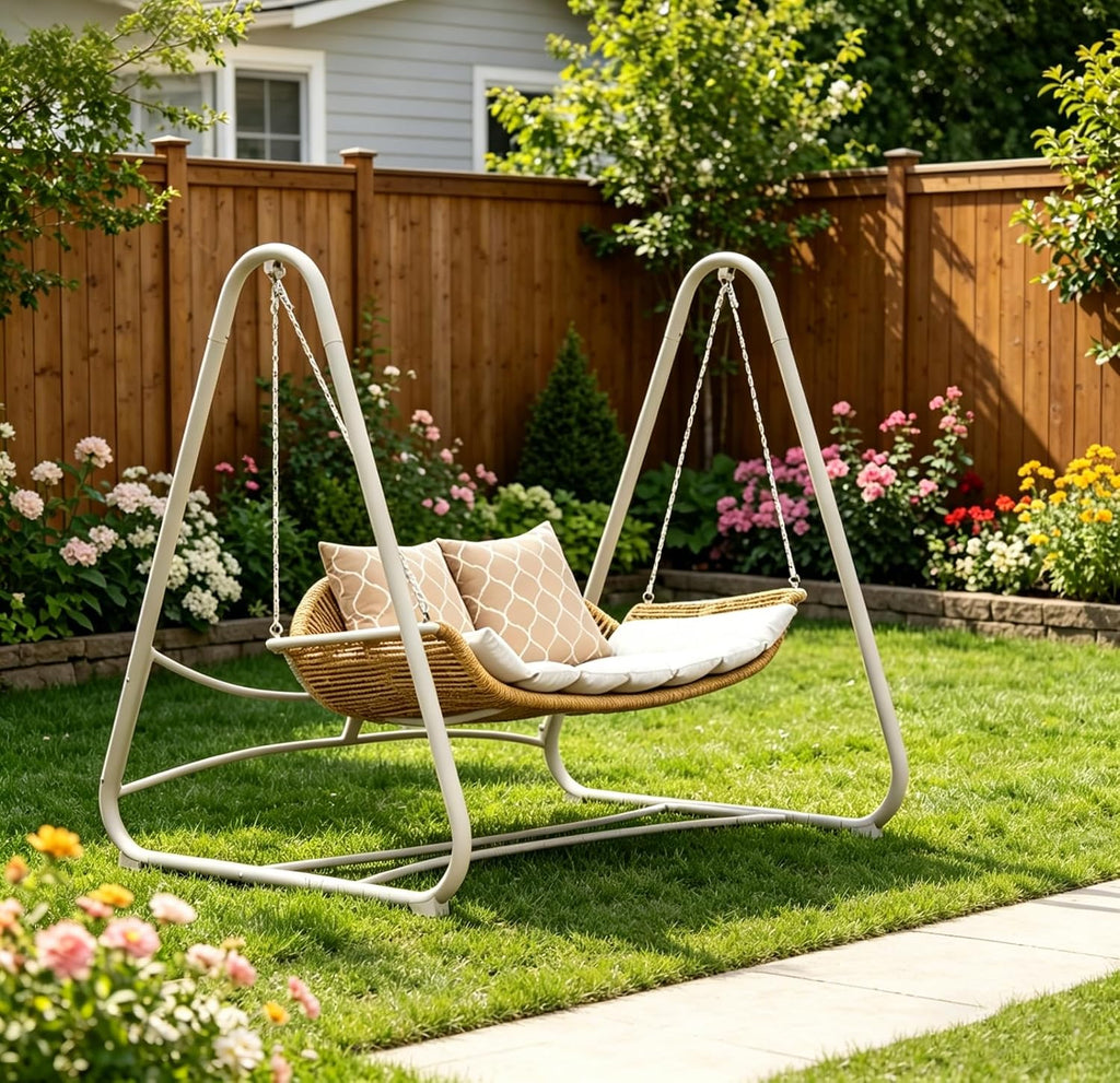 Domi Outdoor Patio Porch Swing, 2-Seat Hanging Swing Chair with Thickened Cushions and Pillow, Rattan Porch Swing Chair Outdoor Hammock Chair for Porch, Backyard, Garden