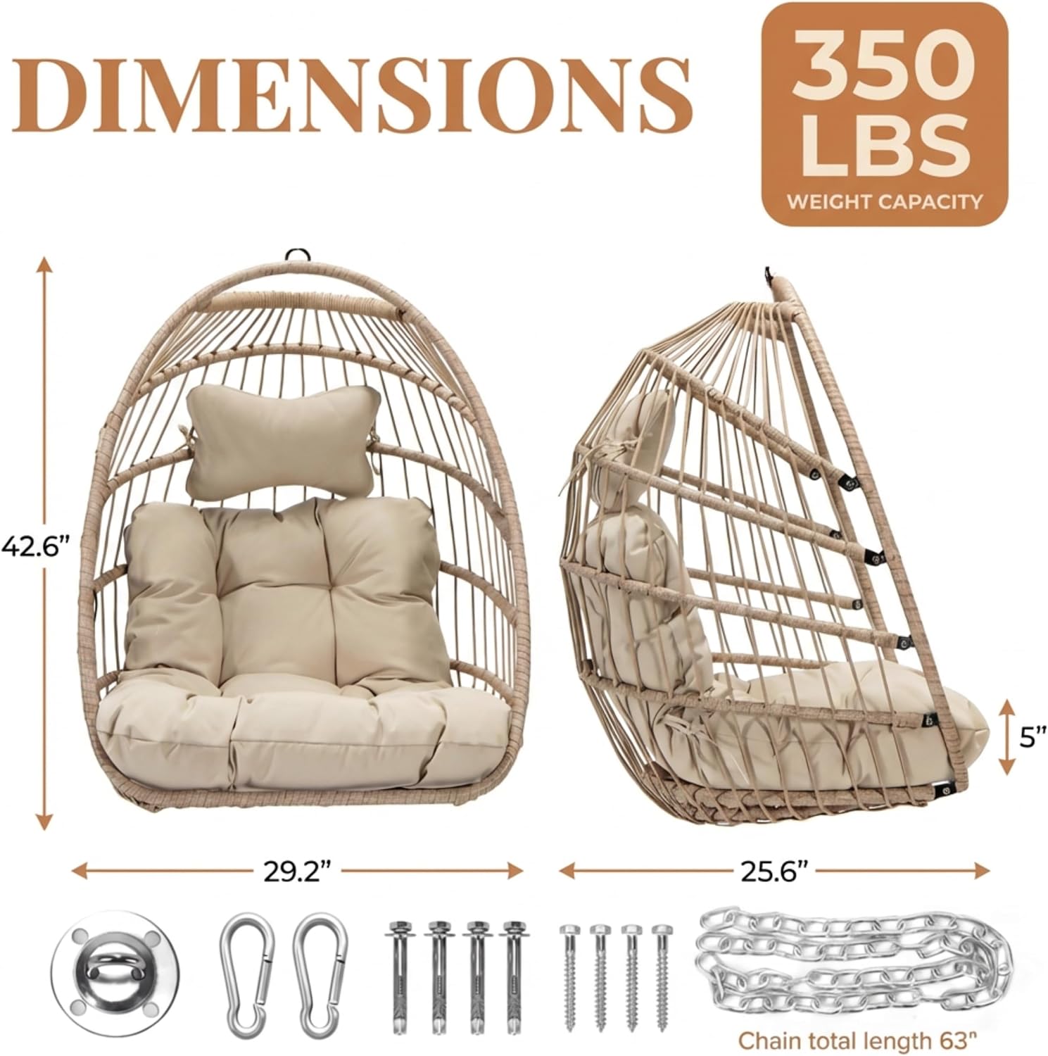 RADIATA All-Weather Swing Egg Chair No Stand, 350lbs Outdoor Sturdy Wicker Hammock Seat with Cushions, Comfy Portable Hanging Egg Basket Seat for Balcony Patio Bedroom Tree or Ceiling, Beige