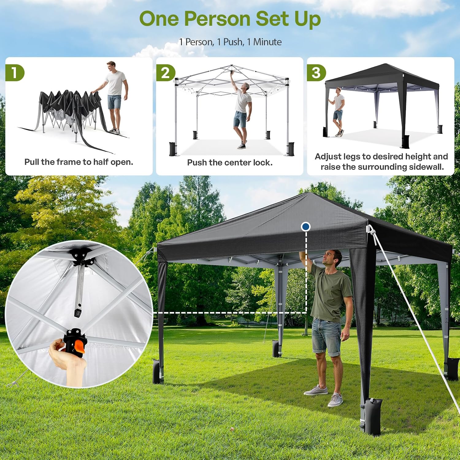 Driftalia 10x10 Pop Up Canopy with Sidewalls, Outdoor Instant Canopy Tent with Carry Bag for Commercial Events, Camping, Backyard Parties - Black