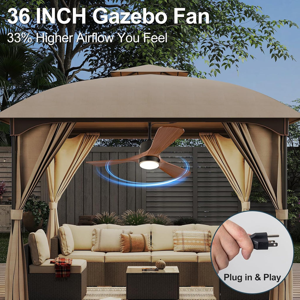 36 Inch Outdoor Ceiling Fan with Light, Gazebo Fan for Patios Waterproof, Plug in Cord Outlet Hook Wet Rated for Outside Porch, Pergola-Walnut