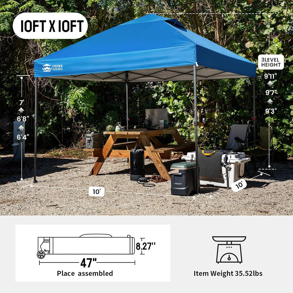 CROWN SHADES 10x10 Pop Up Canopy Tent - Patented Center Lock One Push Instant Outdoor Canopy Beach Tent with STO-N-Go Bag 8 Stakes & 4 Sand Bags，Blue