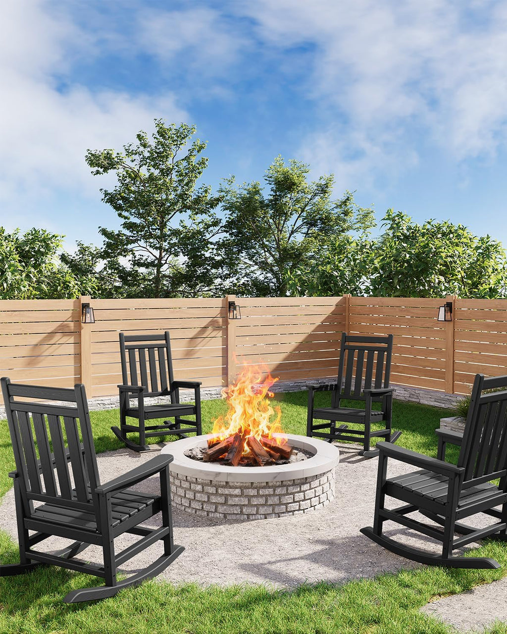 GarveeLife Poly Lumber Rocking Chair Outdoor Set of 4 - HDPE High Back Porch Rocker Chairs for Adults - All Weather Resistant Furniture for Patio - Black