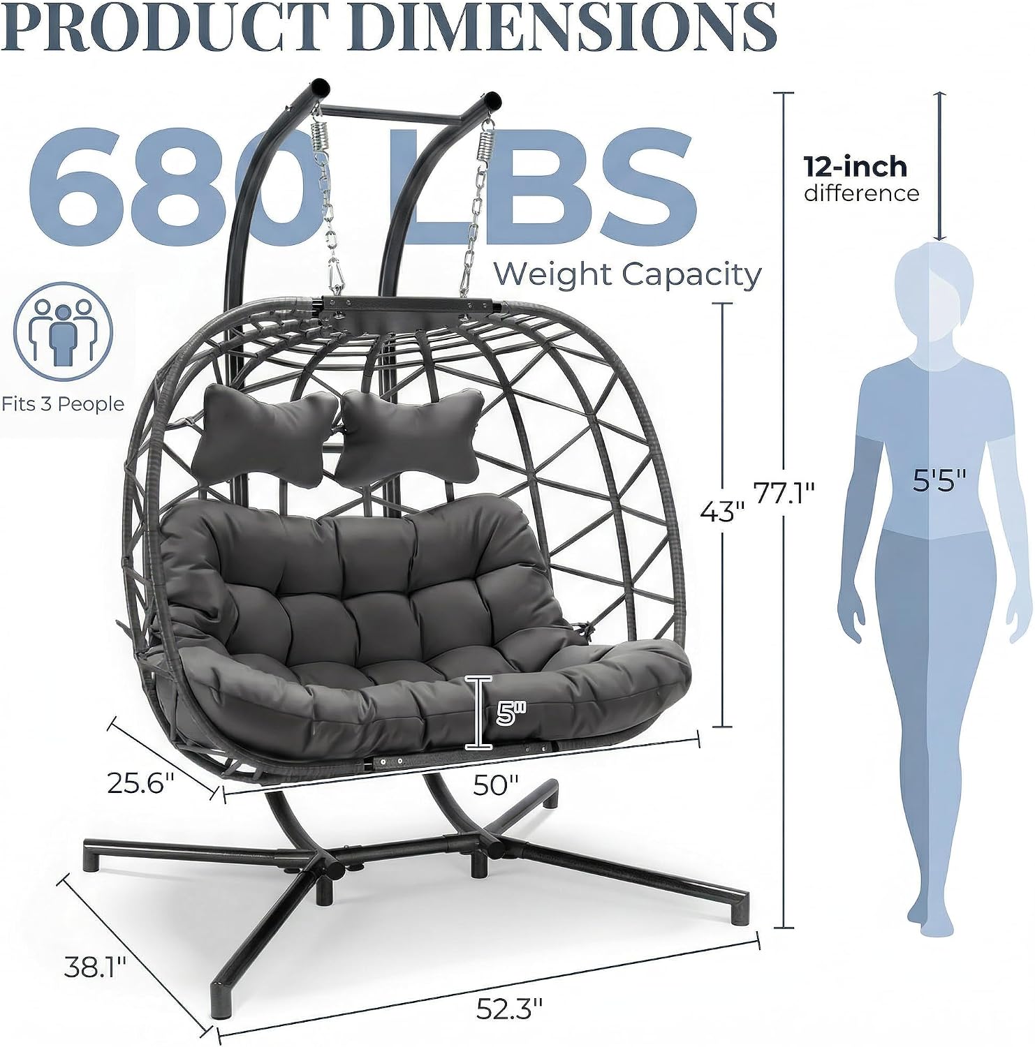 RADIATA Double Egg Swing Chair with Stand and Cover, Extra Large Egg Chairs Swing Outdoor, 2 Person Comfy Wicker Loveseat with Padded Cushion for Indoor Backyard Balcony Porch, Dark Gray