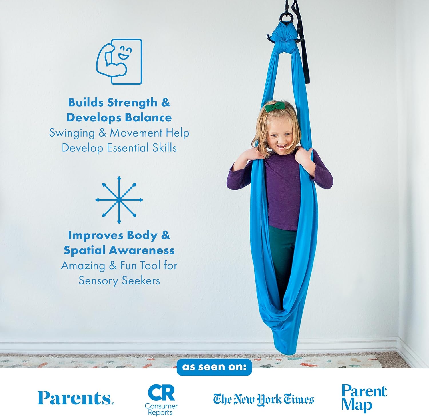 Harkla Sensory Swing for Kids & Adults - Holds 300lbs, Indoor Outdoor Sensory Swing for Hug Like Calming Effect - Durable Soft Stretch Fabric and Heavy Duty Hardware (Blue, 100' Swing + 5' Swivel)