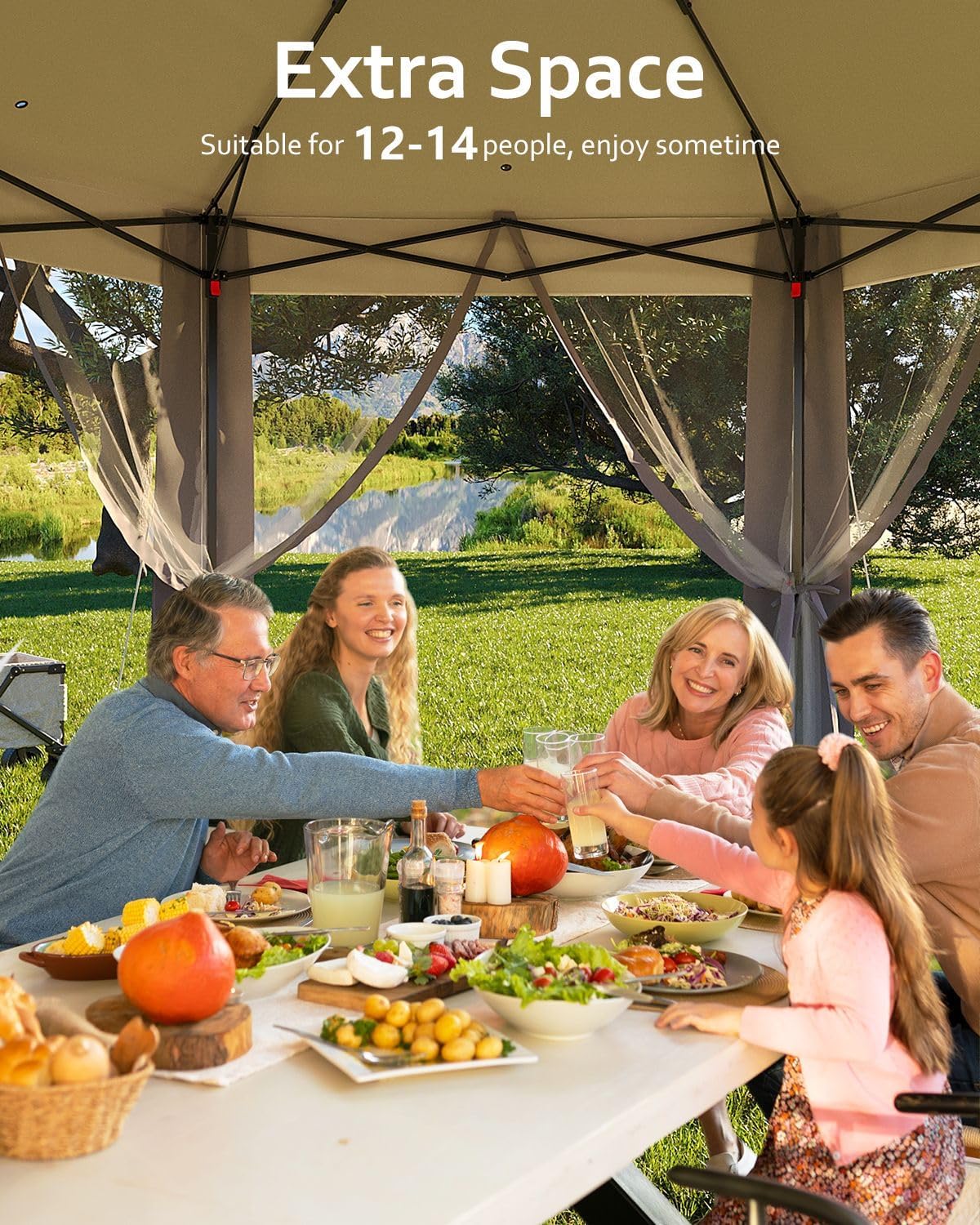 Pop Up Gazebo 13x13, Outside Canopy Tent-6 Side with Mosquito Netting, One Push Setup for Backyard Patio Garden Activities-Gray