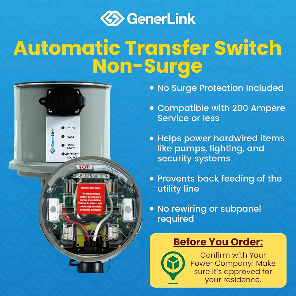 GenerLink Automatic Transfer Switch for Home Generator Non-Surge - Meter Mounted Transfer Switch for Portable Generators - Outdoor & Home Transfer Switch - Fast and Easy Installation - 40AMP