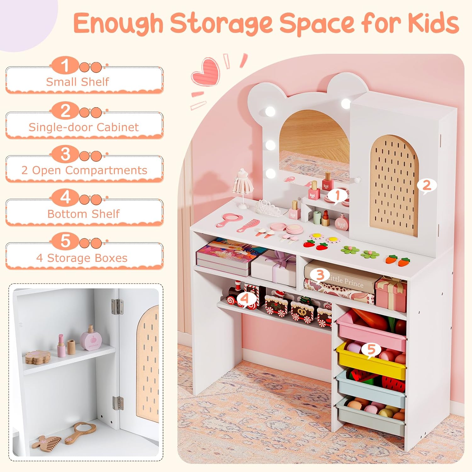 Costzon Kids Vanity with Lights, Girls Vanity Set with Mirror, Storage Drawers, Cabinet & Shelves, Toddler Makeup Vanity Desk Dressing Table, Wooden Kids Vanity Table and Chair Set (White)