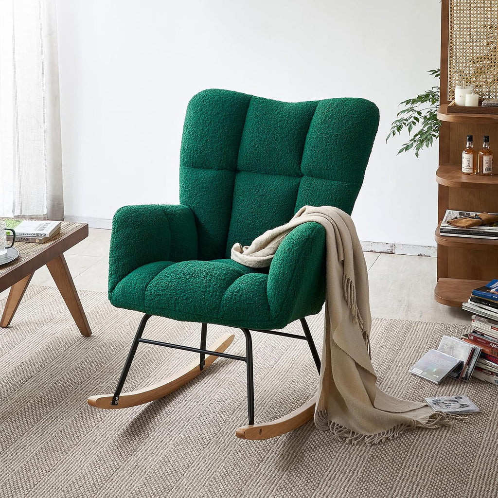 Rocking Chair Nursery, High Backrest Teddy Glider Rocker Upholstered Rocker Recliner Modern Rocking Accent Chairs for Bedroom, Living Room, Offices (Green)