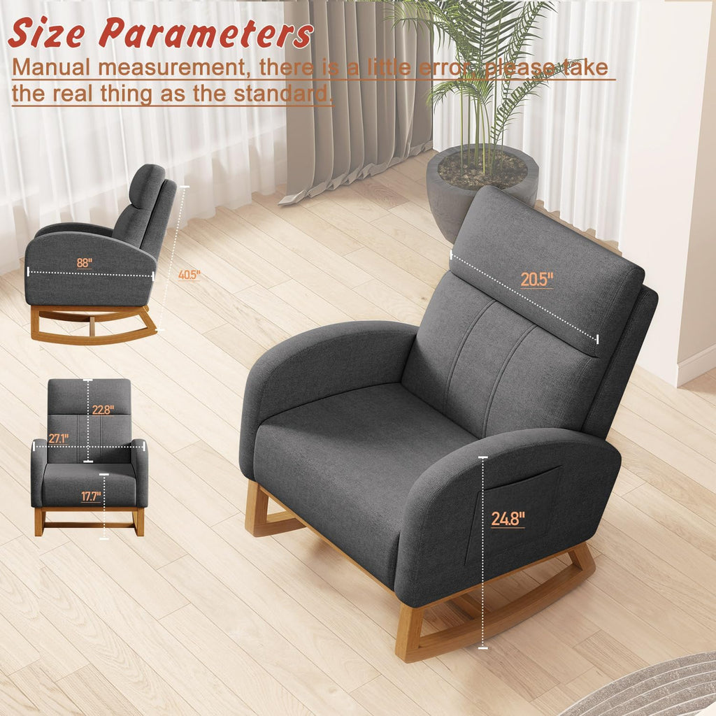 Gaussen Glider Rocking Chair Nursery Comfy Accent Chair with High Backrest Upholstered Living Room Chairs with Pocket Armchair Reading Chair for Bedroom Office (Grey)