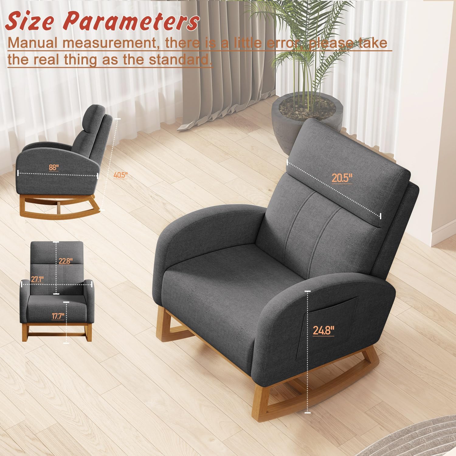 Gaussen Glider Rocking Chair Nursery Comfy Accent Chair with High Backrest Upholstered Living Room Chairs with Pocket Armchair Reading Chair for Bedroom Office (Grey)