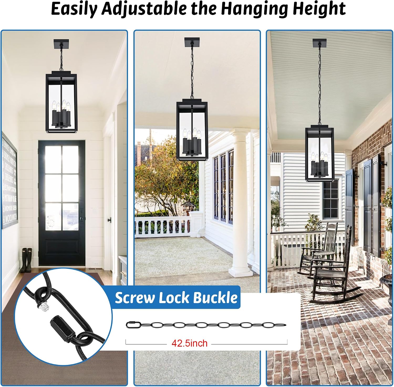 MELUCEE Large Outdoor Pendant Light Fixtures 4-Light, Farmhouse Exterior Hanging Lantern Porch Light, Black Hanging Lamp Ceiling Mount Outdoor Chandelier for Porch Patio Gazebo Entrance