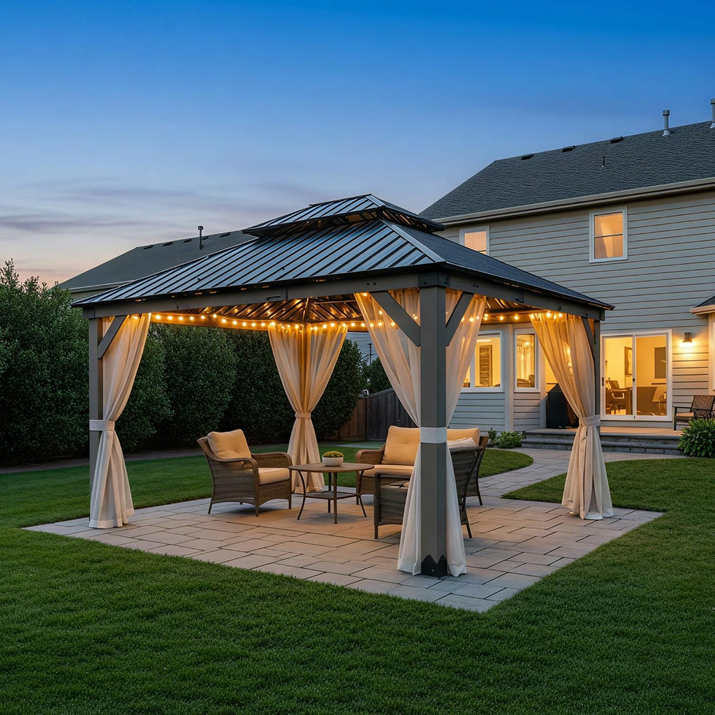 Aoodor 12 x 14 ft Wooden Frame Gazebo with 2-Tier Galvanized Metal Hardtop Roof, Outdoor Patio Gazebo with Charging Socket for Patio, Backyard, Deck, and Lawn