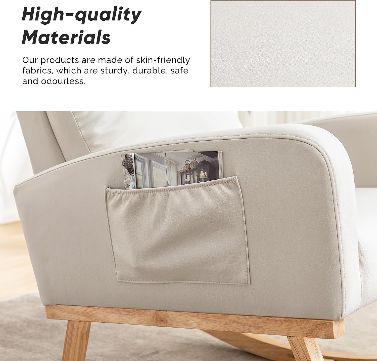 Rocking Chair Nursery, Uplostered Leather Rocker Nursing Chairs with Wood Legs and Side Pocket, Comfortable Glider Roking Chair for Nursery, Living Room, Bedroom, Leather Beige